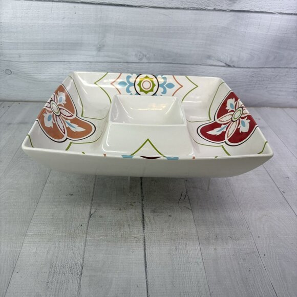 The Cellar GLOBAL 70's Floral Flowers White Ceramic Square 1 Piece Chip & Dip - Picture 5 of 16